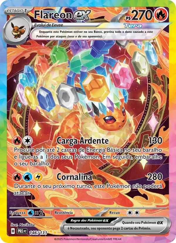 Carta Flareon ex, número 146/131 da coleção Evoluções Prismáticas