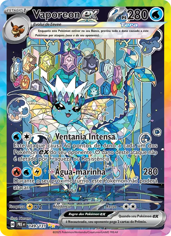 Carta Vaporeon ex, número 149/131 da coleção Evoluções Prismáticas
