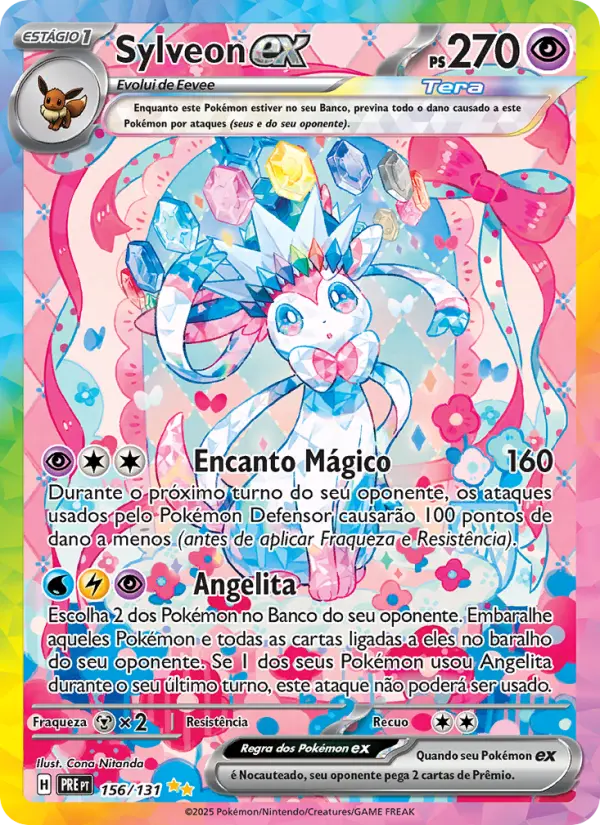 Carta Sylveon ex, número 156/131 da coleção Evoluções Prismáticas
