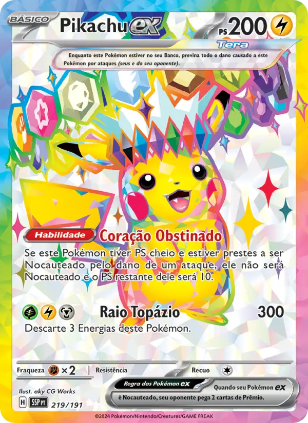 Carta Pikachu ex, número 219/191 da coleção Fagulhas Impetuosas