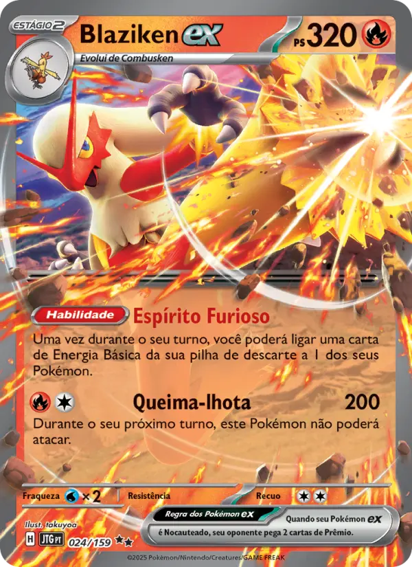 Carta Blaziken ex, número 024/159 da coleção Amigos de Jornada