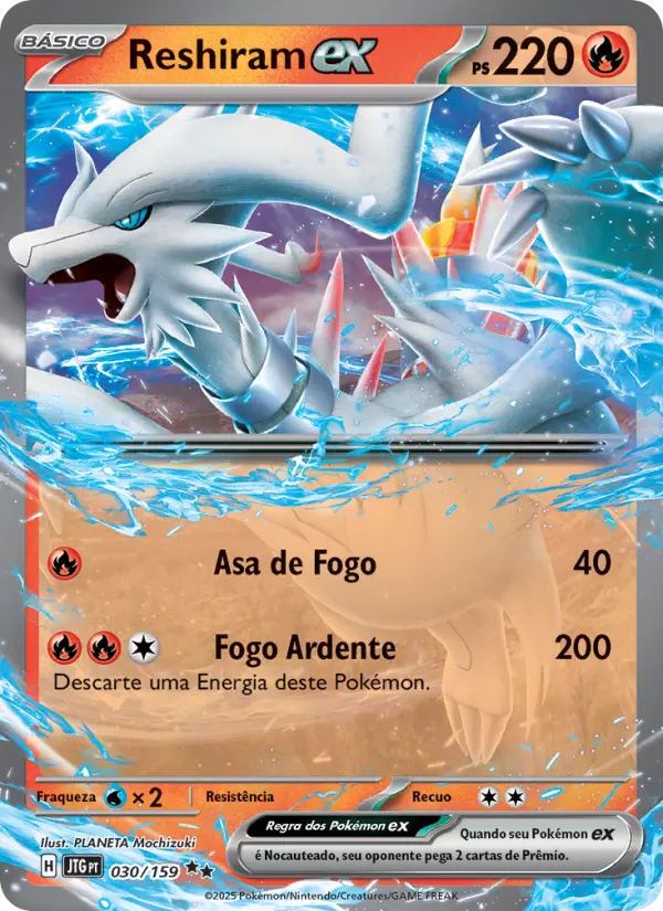Carta Reshiram ex, número 030/159 da coleção Amigos de Jornada