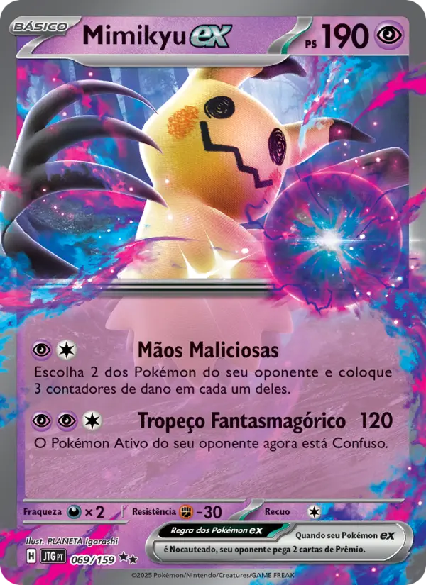 Carta Mimikyu ex, número 069/159 da coleção Amigos de Jornada