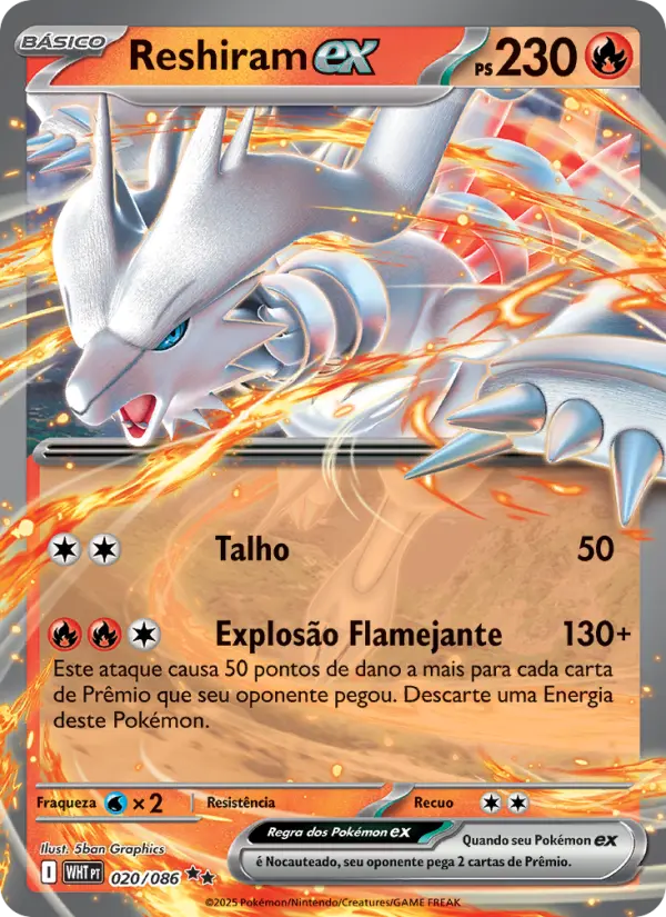 Carta Reshiram ex, número 020/86 da coleção Fogo Branco