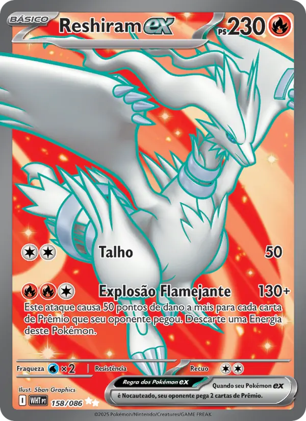 Carta Reshiram ex, número 158/86 da coleção Fogo Branco