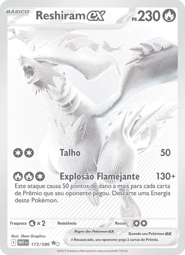Carta Reshiram ex, número 173/86 da coleção Fogo Branco