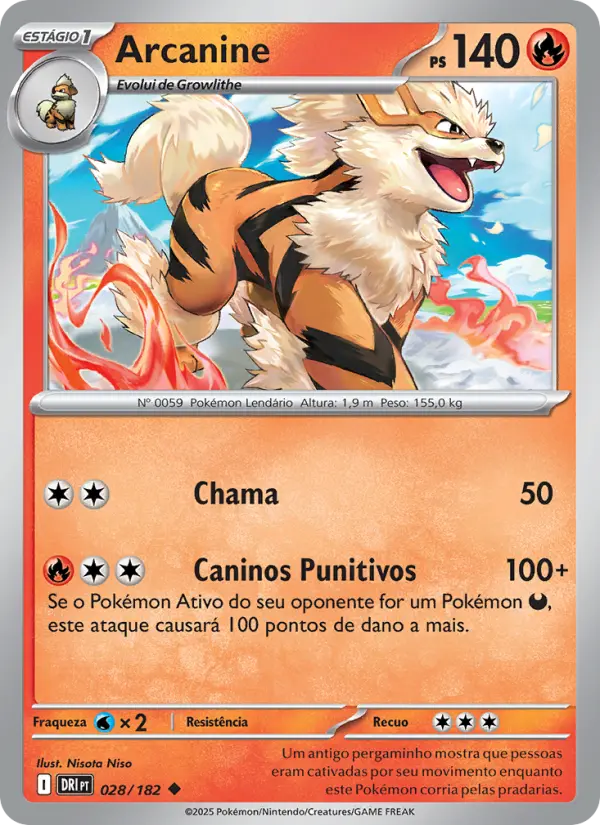 Carta Arcanine, número 028/182 da coleção Rivais Predestinados