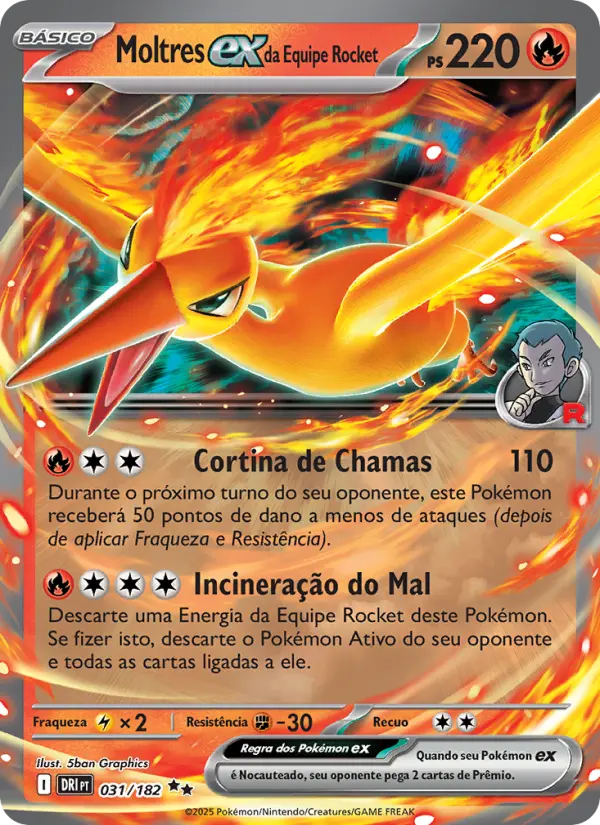 Carta Moltres ex da Equipe Rocket, número 031/182 da coleção Rivais Predestinados