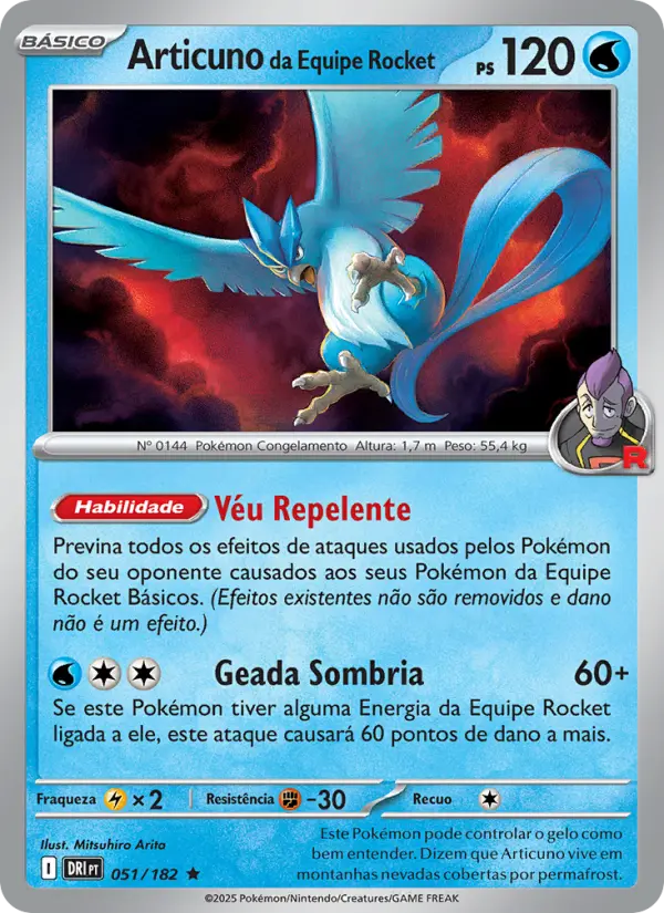 Carta Articuno da Equipe Rocket, número 051/182 da coleção Rivais Predestinados