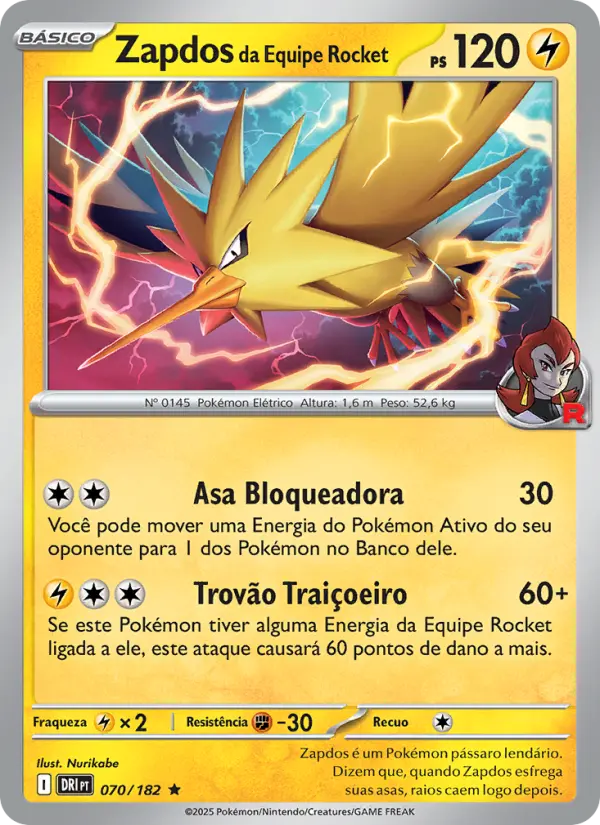 Carta Zapdos da Equipe Rocket, número 070/182 da coleção Rivais Predestinados