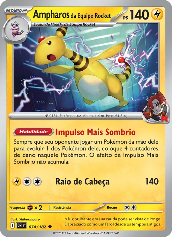 Carta Ampharos da Equipe Rocket, número 074/182 da coleção Rivais Predestinados