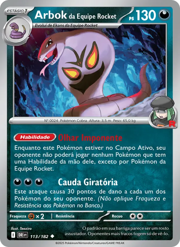 Carta Arbok da Equipe Rocket, número 113/182 da coleção Rivais Predestinados