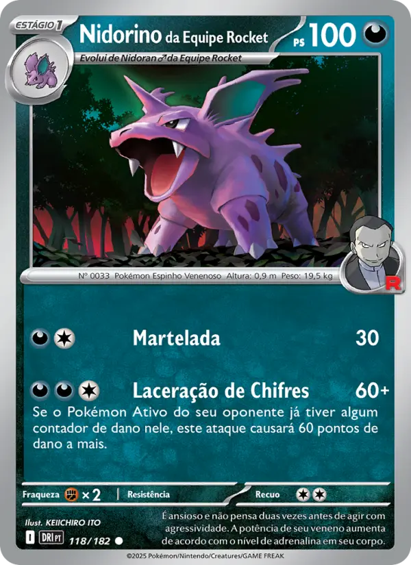 Carta Nidorino da Equipe Rocket, número 118/182 da coleção Rivais Predestinados