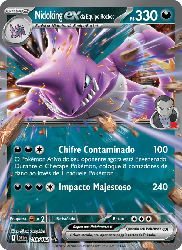 Carta Nidoking ex da Equipe Rocket, número 119/182 da coleção Rivais Predestinados