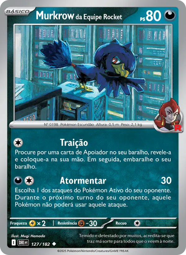 Carta Murkrow da Equipe Rocket, número 127/182 da coleção Rivais Predestinados