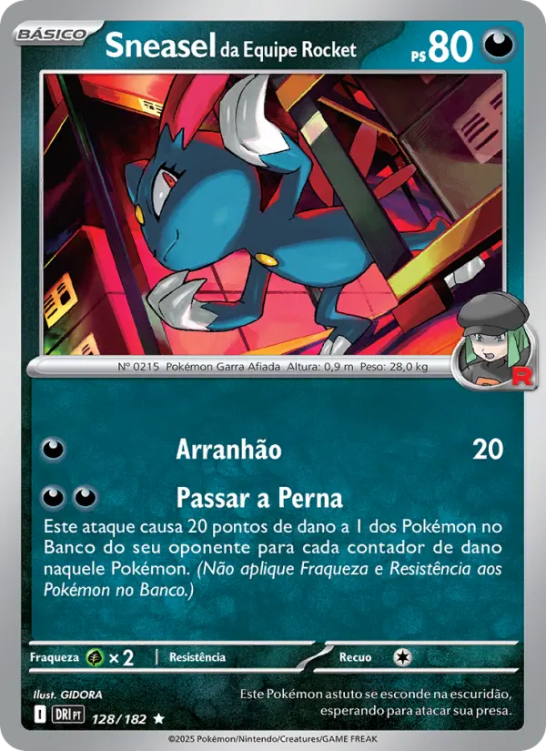 Carta Sneasel da Equipe Rocket, número 128/182 da coleção Rivais Predestinados
