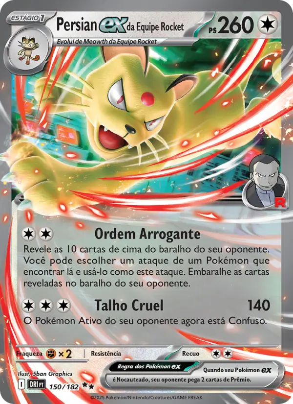 Carta Persian ex da Equipe Rocket, número 150/182 da coleção Rivais Predestinados