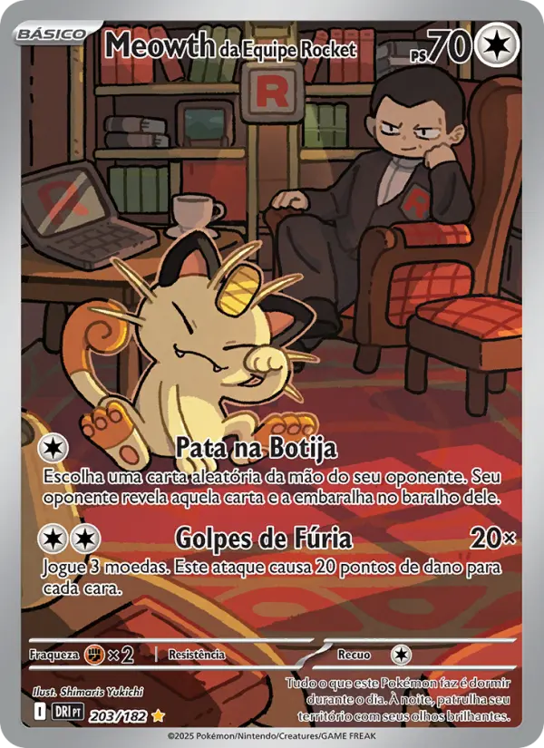 Carta Meowth da Equipe Rocket, número 203/182 da coleção Rivais Predestinados