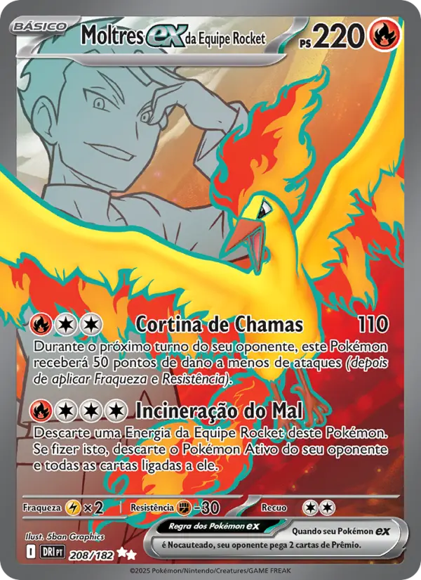 Carta Moltres ex da Equipe Rocket, número 208/182 da coleção Rivais Predestinados
