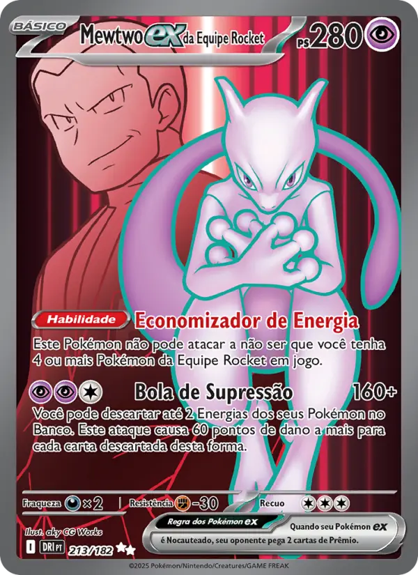 Carta Mewtwo ex da Equipe Rocket, número 213/182 da coleção Rivais Predestinados