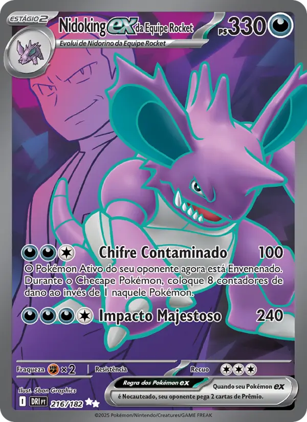 Carta Nidoking ex da Equipe Rocket, número 216/182 da coleção Rivais Predestinados