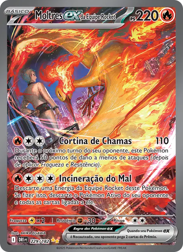 Carta Moltres ex da Equipe Rocket, número 229/182 da coleção Rivais Predestinados