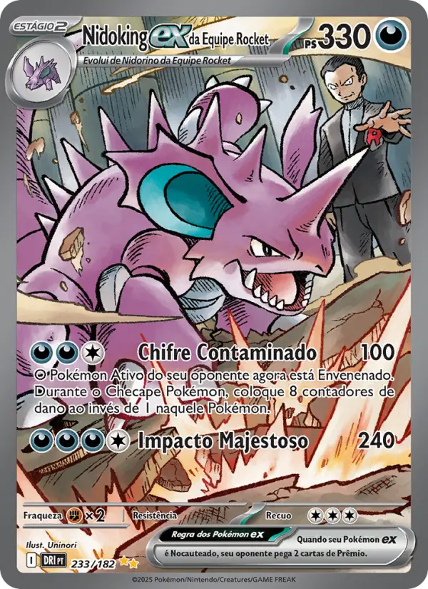Carta Nidoking ex da Equipe Rocket, número 233/182 da coleção Rivais Predestinados