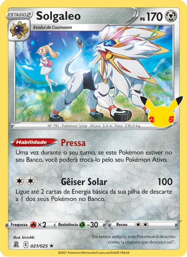 Carta Solgaleo, número 21/25 da coleção Celebrações