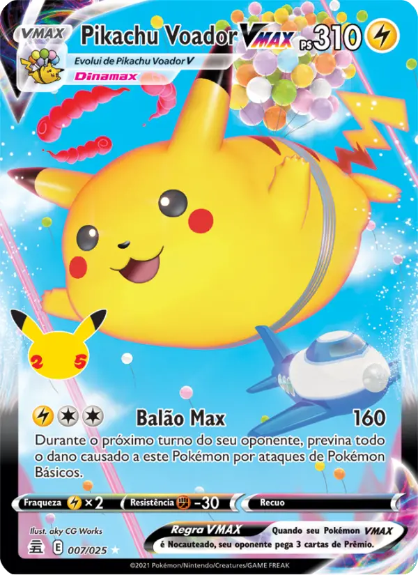 Carta Pikachu Voador VMAX, número 7/25 da coleção Celebrações