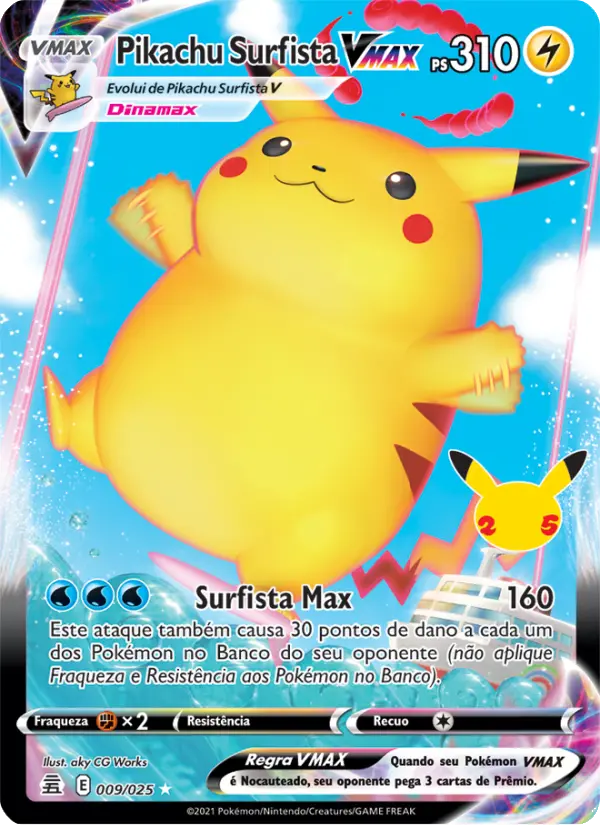 Carta Pikachu Surfista VMAX, número 9/25 da coleção Celebrações