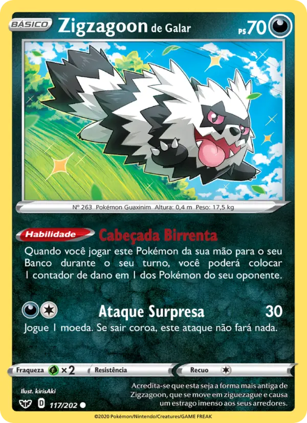 Carta Zigzagoon de Galar, número 117/202 da coleção Espada e Escudo