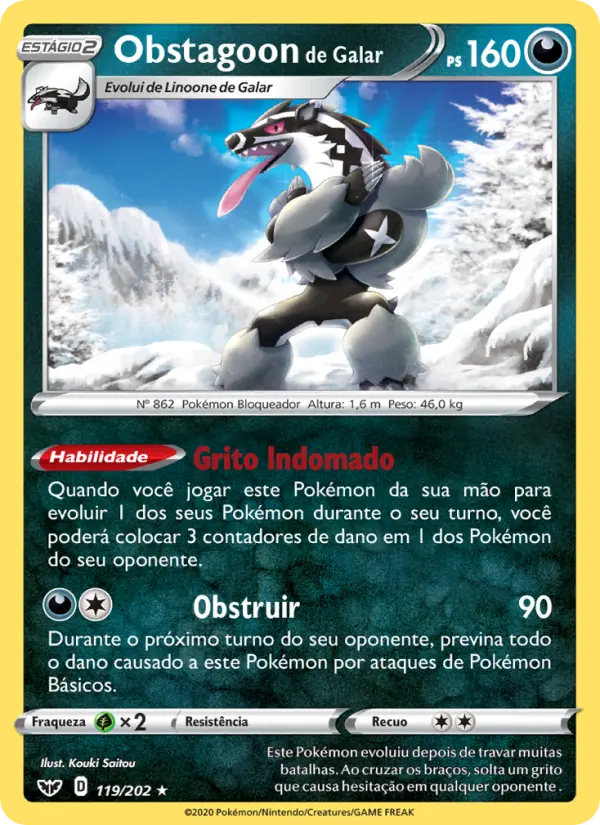 Carta Obstagoon de Galar, número 119/202 da coleção Espada e Escudo