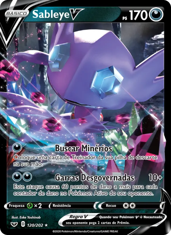 Carta Sableye V, número 120/202 da coleção Espada e Escudo