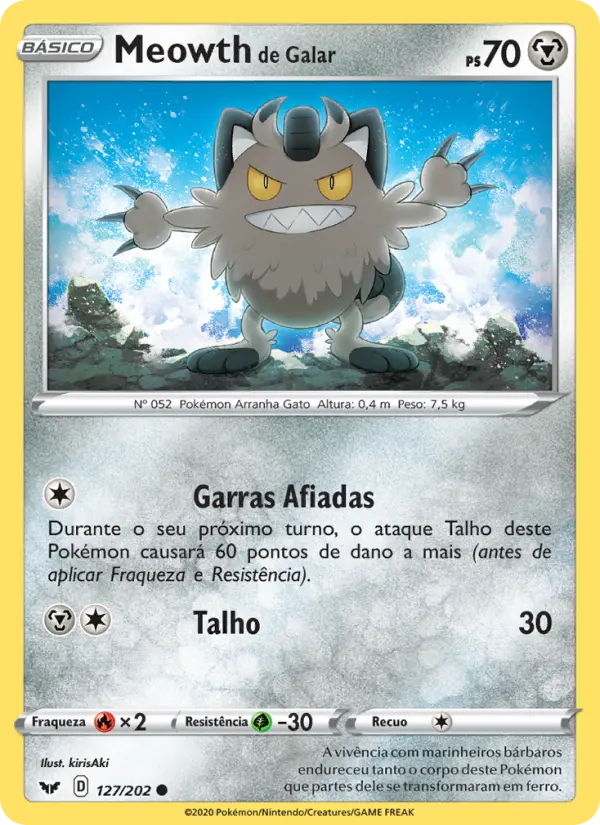 Carta Meowth de Galar, número 127/202 da coleção Espada e Escudo