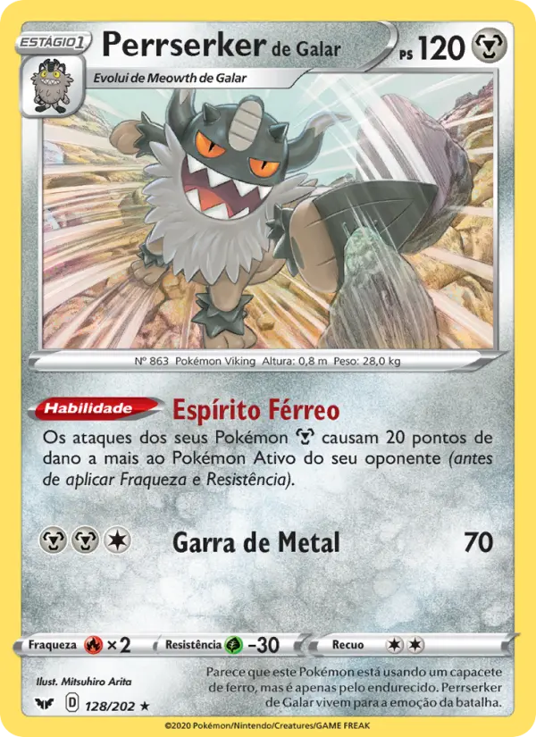 Carta Perrserker de Galar, número 128/202 da coleção Espada e Escudo