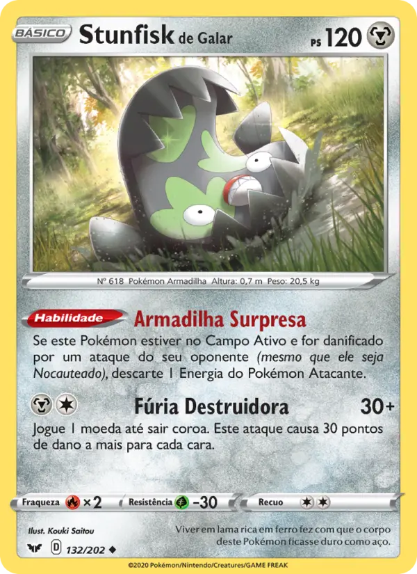 Carta Stunfisk de Galar, número 132/202 da coleção Espada e Escudo