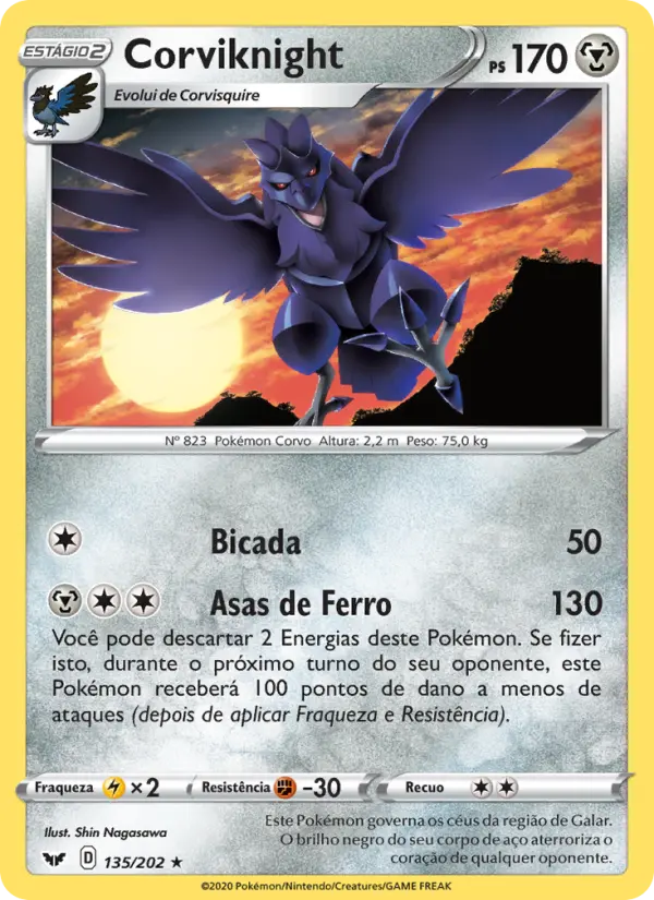 Carta Corviknight, número 135/202 da coleção Espada e Escudo