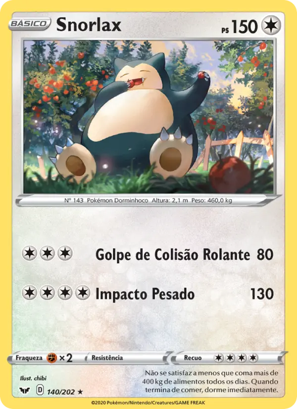 Carta Snorlax, número 140/202 da coleção Espada e Escudo