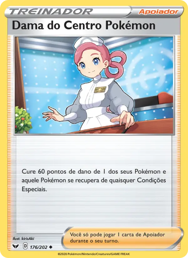 Carta Dama do Centro Pokémon, número 176/202 da coleção Espada e Escudo