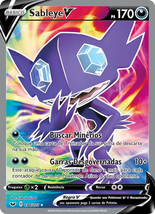 Carta Sableye V, número 194/202 da coleção Espada e Escudo