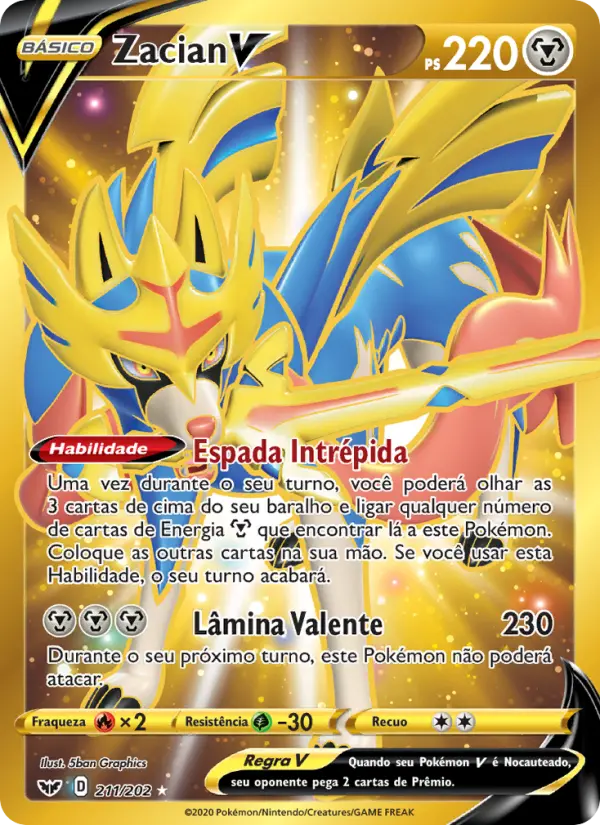 Carta Zacian V, número 211/202 da coleção Espada e Escudo