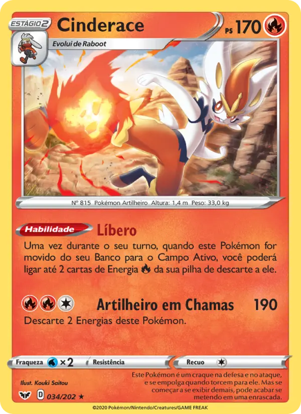 Carta Cinderace, número 34/202 da coleção Espada e Escudo