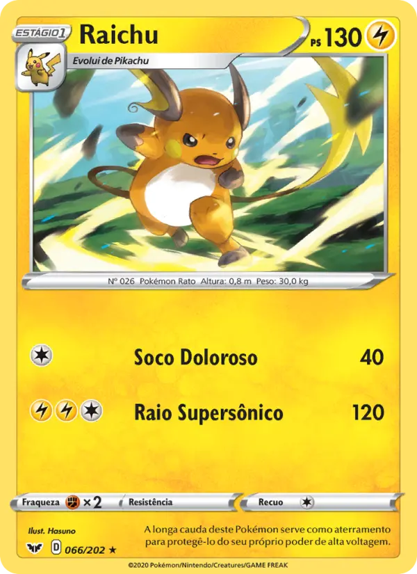 Carta Raichu, número 66/202 da coleção Espada e Escudo
