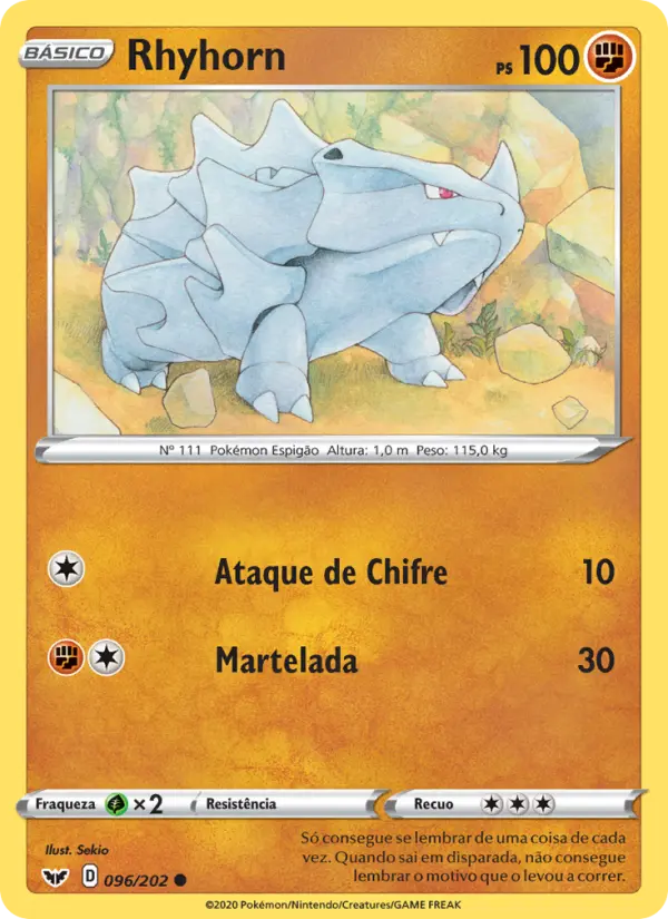 Carta Rhyhorn, número 96/202 da coleção Espada e Escudo