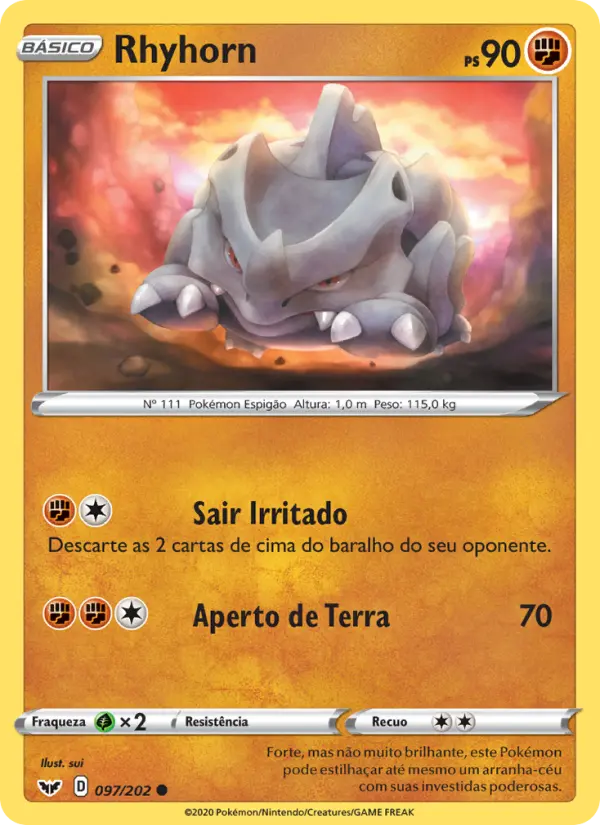 Carta Rhyhorn, número 97/202 da coleção Espada e Escudo