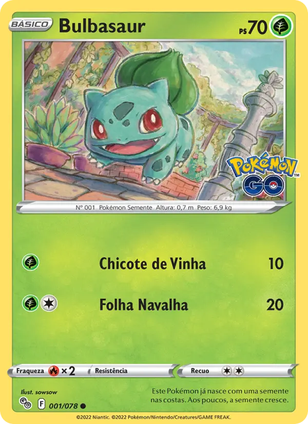 Carta Bulbasaur, número 001/78 da coleção Pokémon GO