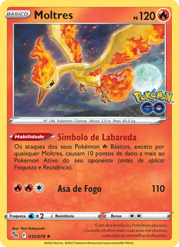 Carta Moltres, número 012/78 da coleção Pokémon GO