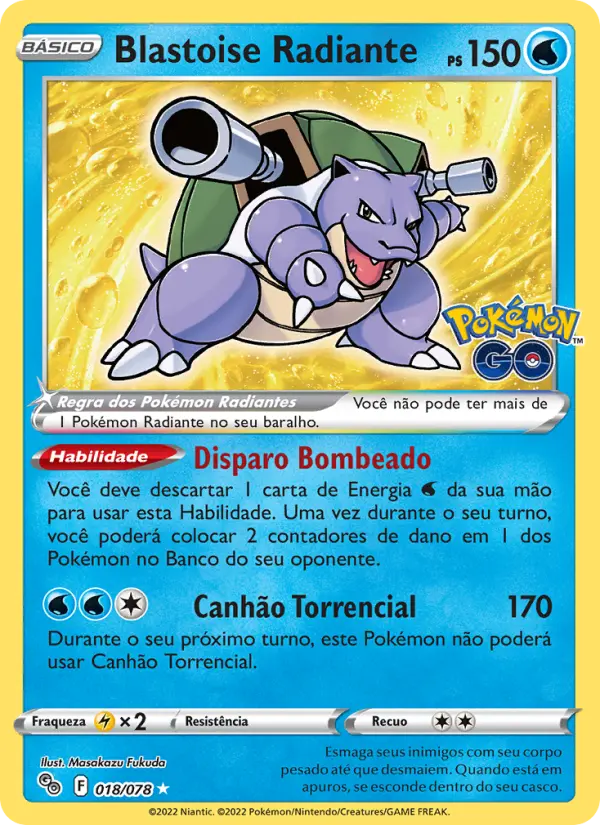 Carta Blastoise Radiante, número 018/78 da coleção Pokémon GO