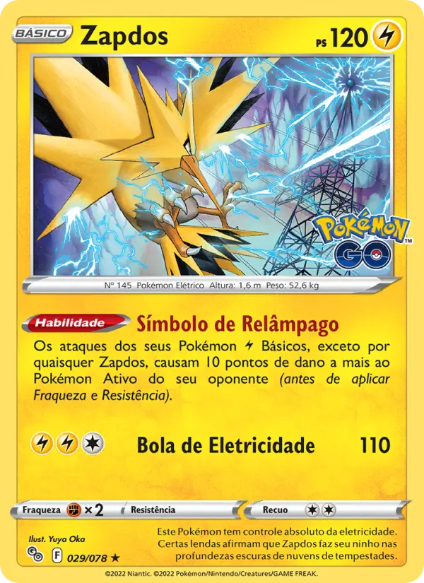 Carta Zapdos, número 029/78 da coleção Pokémon GO