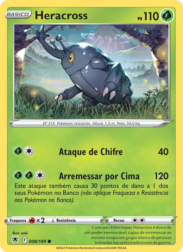 Carta Heracross, número 008/189 da coleção Estrelas Radiantes